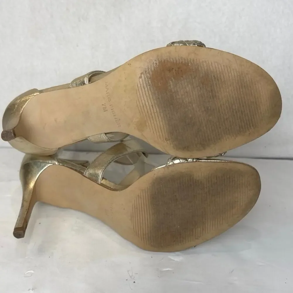 Marc Fisher Brave 2 Muted Gold Metallic Criss Cross Ankle Strap Heeled Size 7